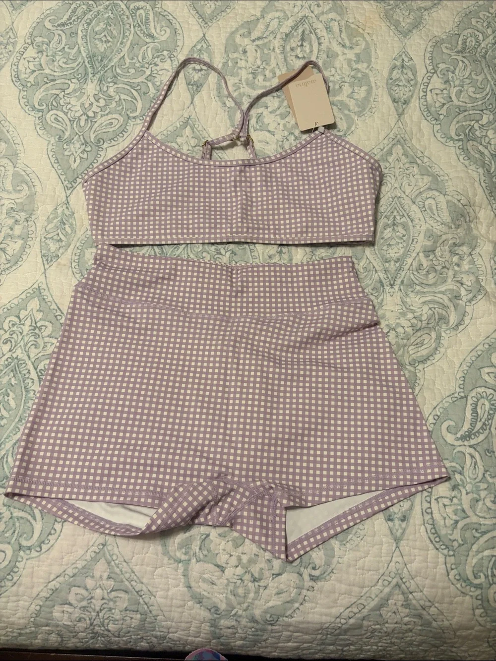 Lilac Gingham sports Bra and High-Waist Shorts Set - Women athletic wear